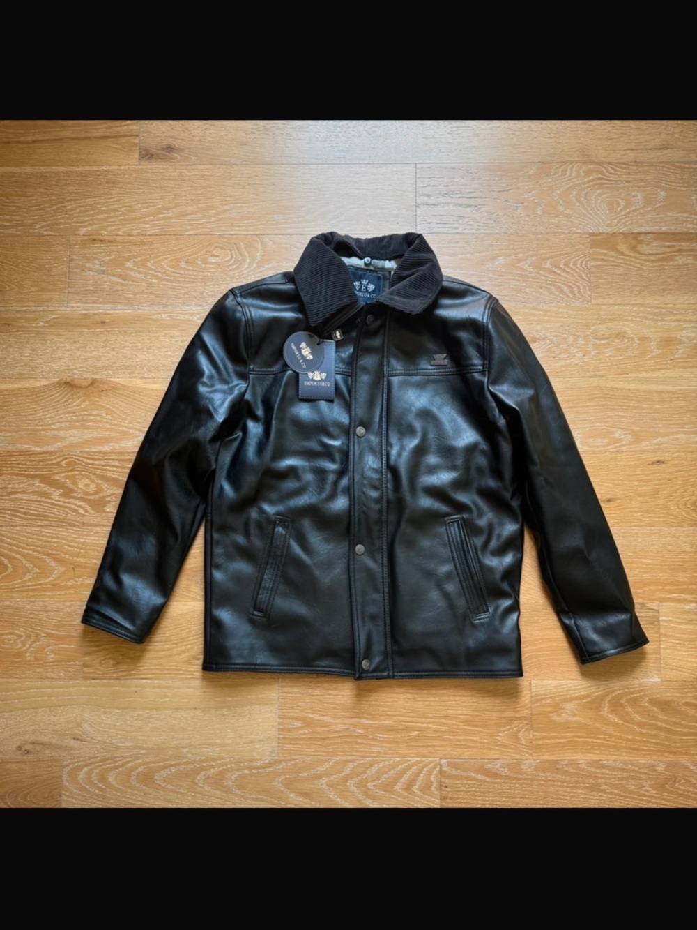 Men's Black Faux Leather Bomber Jacket with Corduroy Collar - Unknown Brand